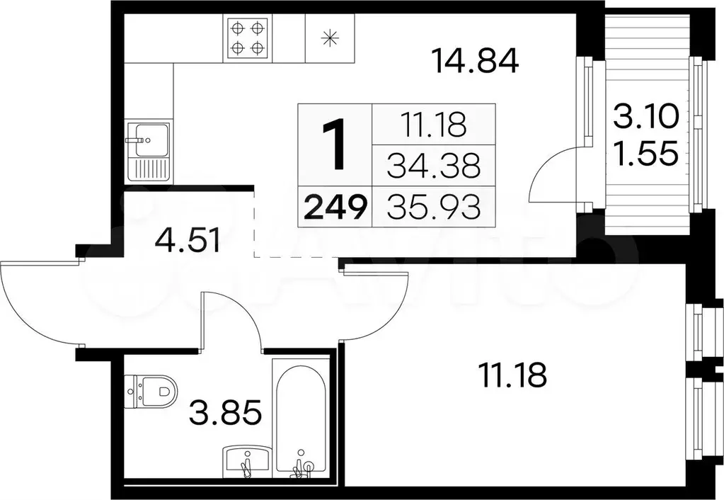 1-к. квартира, 35,9 м, 12/15 эт. - Фото 0