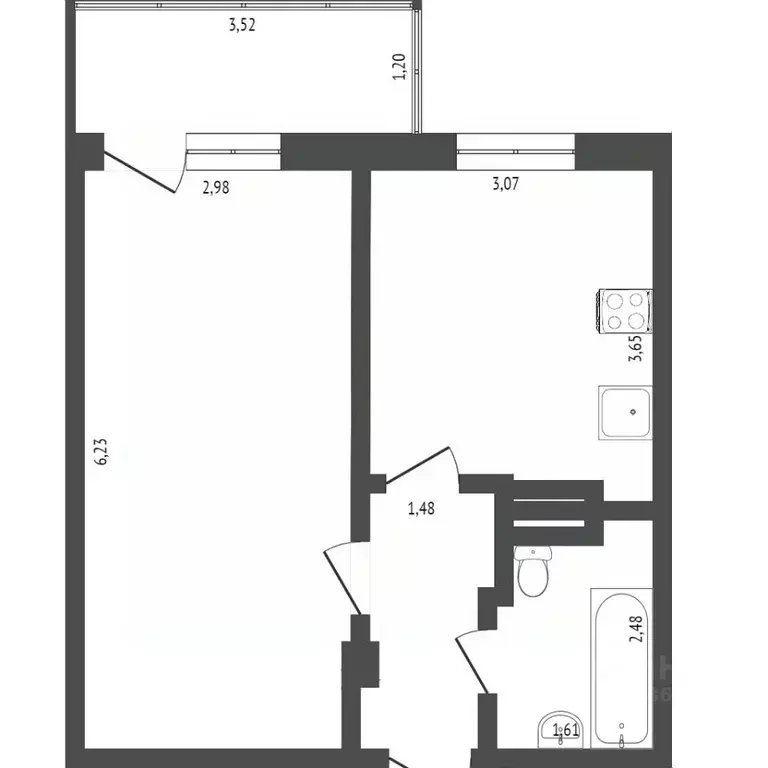 Студия Омская область, Омск ул. Малиновского, 12к5 (38.4 м) - Фото 1