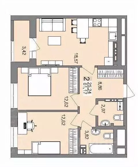 2-к кв. Свердловская область, Екатеринбург ул. Металлургов, 63 (58.5 ... - Фото 2