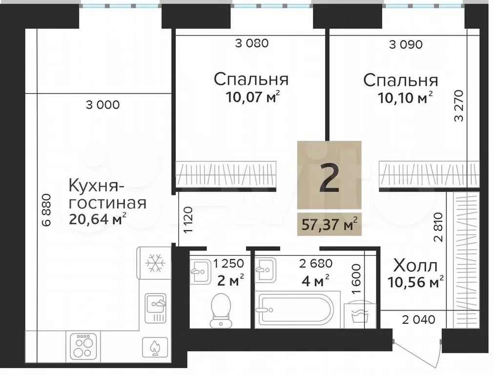 2-к. квартира, 57,4 м, 2/10 эт. - Фото 1