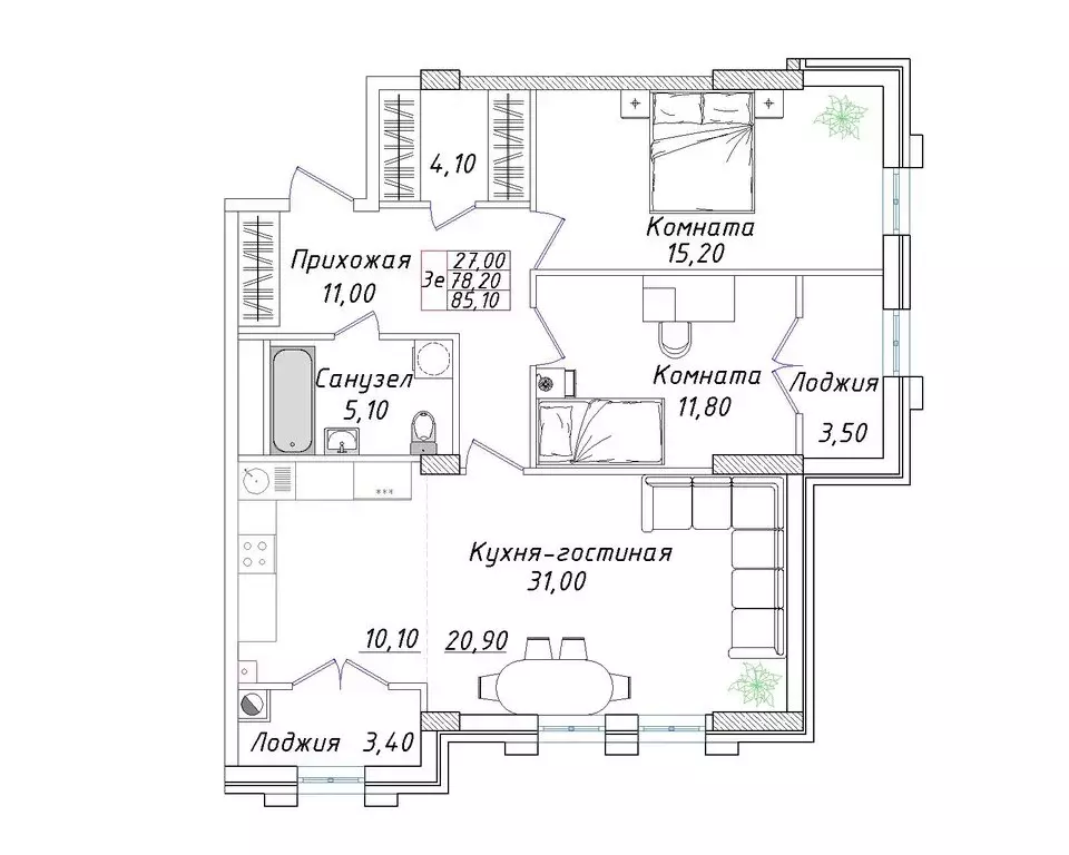 2-комнатная квартира: Ставрополь, улица Якова Андрюшина, 3 (85.1 м) - Фото 0