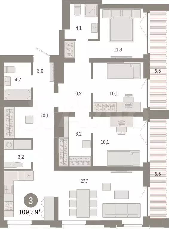 3-к. квартира, 109,3 м, 8/23 эт. - Фото 1