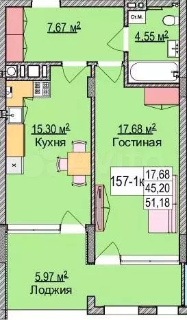 1-к. квартира, 52,9 м, 5/6 эт. - Фото 1