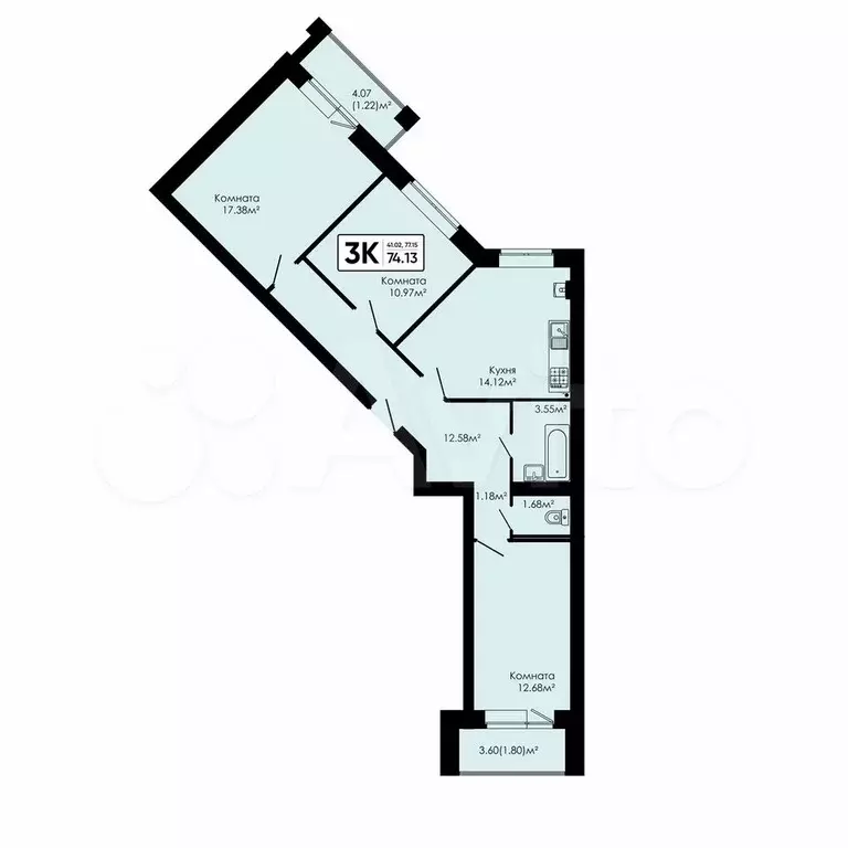 3-к. квартира, 74,1 м, 4/4 эт. - Фото 0