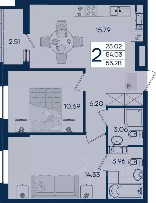 2-к кв. Краснодарский край, Краснодар  (55.28 м) - Фото 1