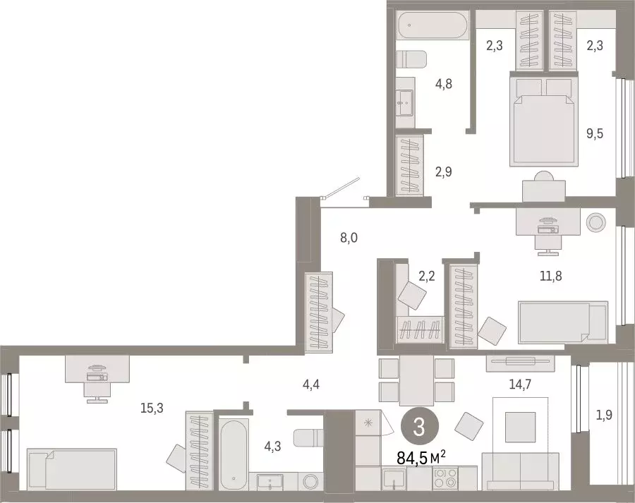 3-комнатная квартира: Тюмень, улица Республики, 205к1 (85.8 м) - Фото 1