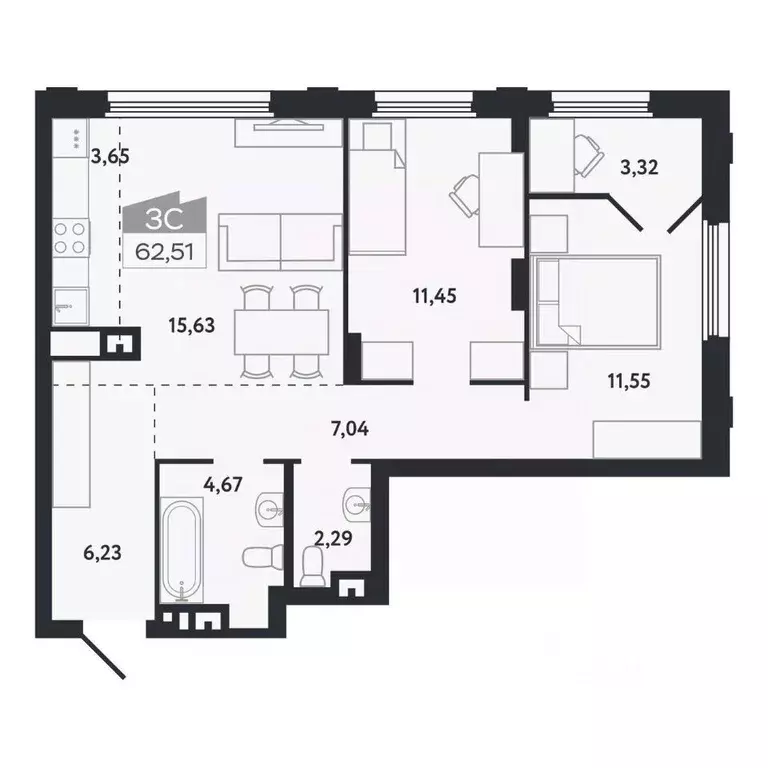 3-к кв. Томская область, Томск Черемошники мкр, ул. Бердская, 14/3 ... - Фото 1