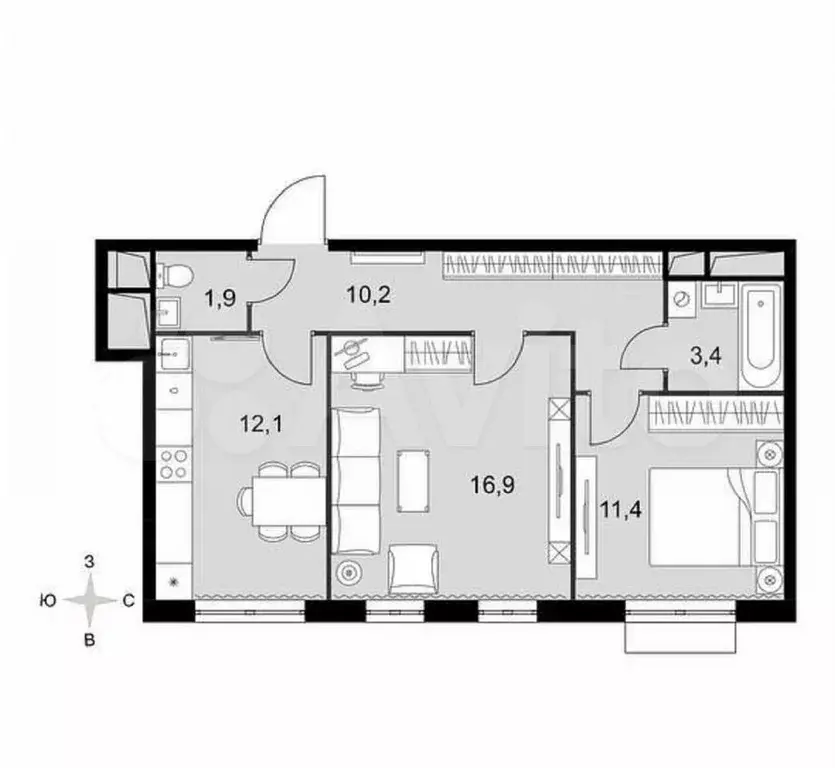 2-к. квартира, 56 м, 6/9 эт. - Фото 0