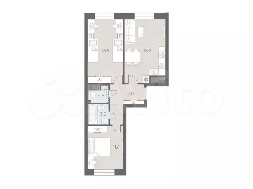 2-к. квартира, 58,1 м, 6/10 эт. - Фото 0