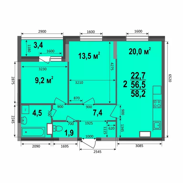 2-к квартира, 58.2 м - Фото 0