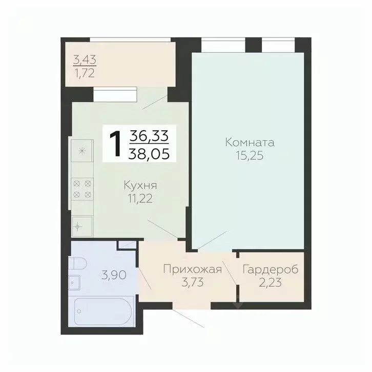 1-к кв. Воронежская область, Воронеж ул. Березовая Роща (38.05 м) - Фото 0