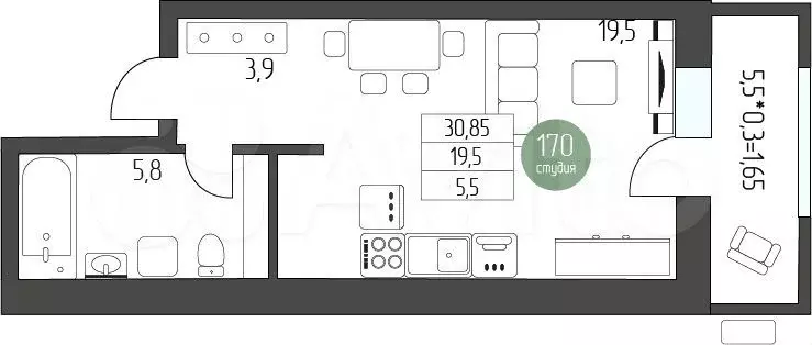 Квартира-студия, 34,4 м, 2/5 эт. - Фото 0