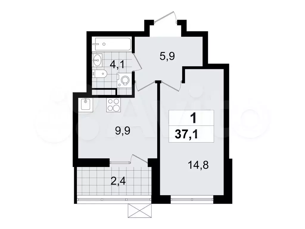 1-к. квартира, 37,1 м, 6/12 эт. - Фото 0