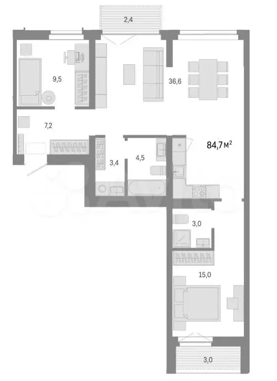 3-к. квартира, 84,7 м, 3/6 эт. - Фото 0