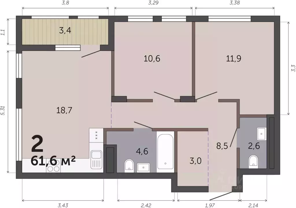 2-к кв. Свердловская область, Екатеринбург Малевич жилой комплекс ... - Фото 1