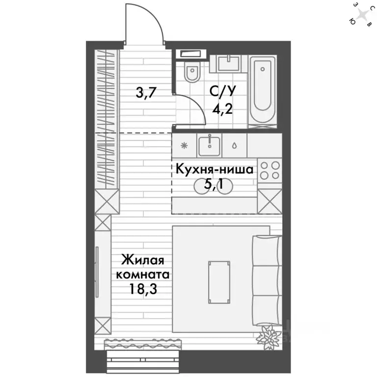 Студия Приморский край, Владивосток Философия жилой комплекс (31.4 м) - Фото 2