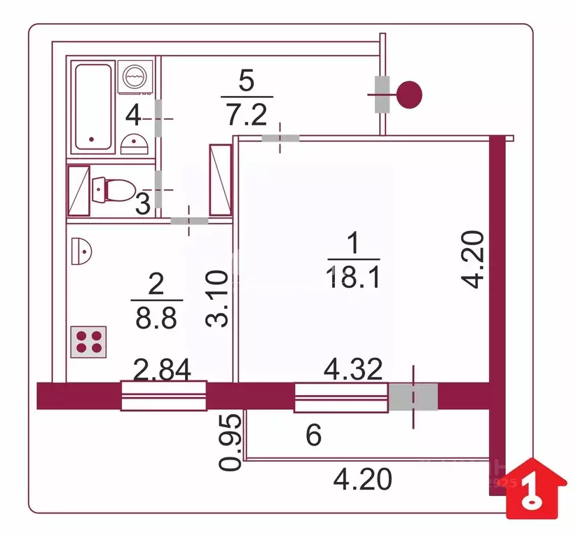 1-к кв. Омская область, Омск Иркутская ул., 3 (37.7 м) - Фото 1