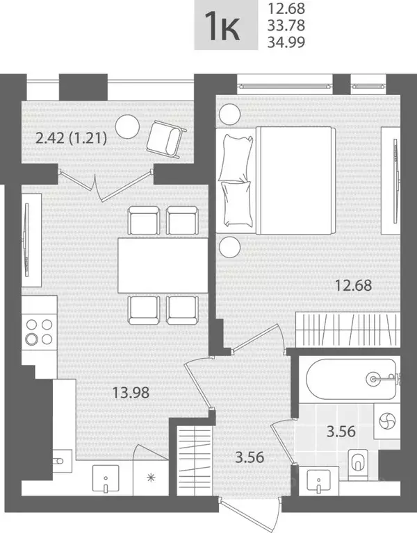 1-к кв. Калининградская область, Пионерский пос. Рыбное,  (34.99 м) - Фото 1