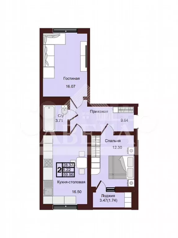 2-к. квартира, 60 м, 4/16 эт. - Фото 0