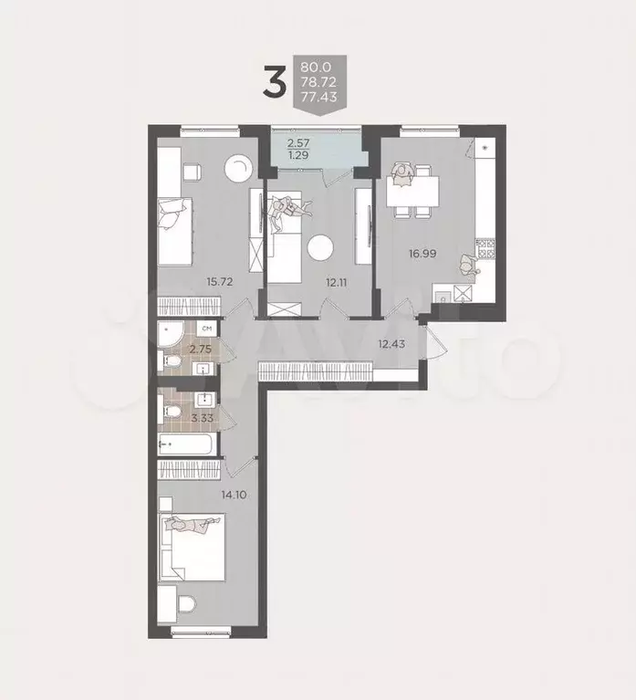 3-к. квартира, 78,7 м, 3/9 эт. - Фото 0