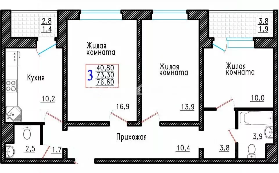 3-к кв. Воронежская область, Воронеж Острогожская ул., 166/3 (76.6 м) - Фото 0