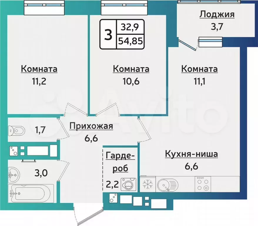 3-к. квартира, 54,9 м, 12/15 эт. - Фото 0