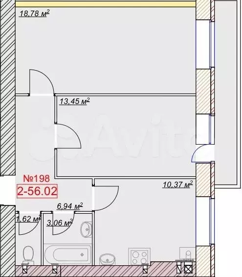 2-к. квартира, 56 м, 1/9 эт. - Фото 1