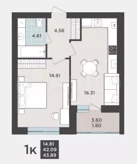 1-к. квартира, 43,9 м, 9/9 эт. - Фото 1