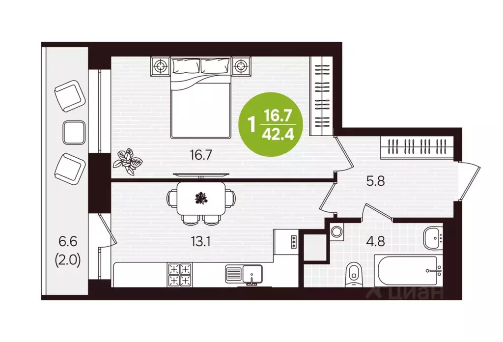 1-к кв. Чувашия, Новочебоксарск ул. 10-й Пятилетки, поз5 (42.4 м) - Фото 1