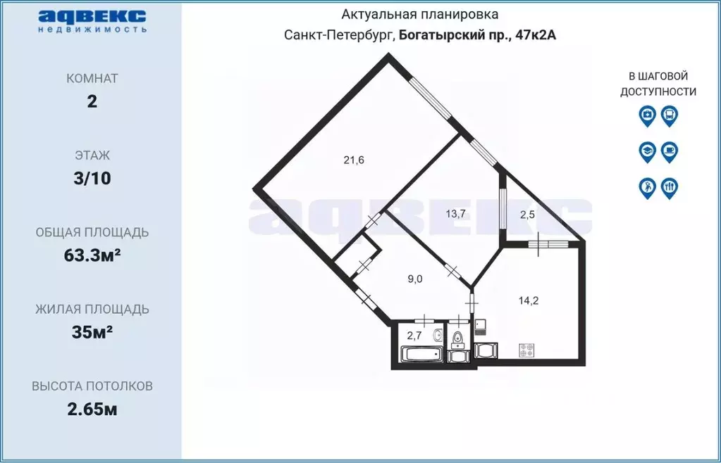 2-к кв. Санкт-Петербург Богатырский просп., 47к2 (63.3 м) - Фото 1