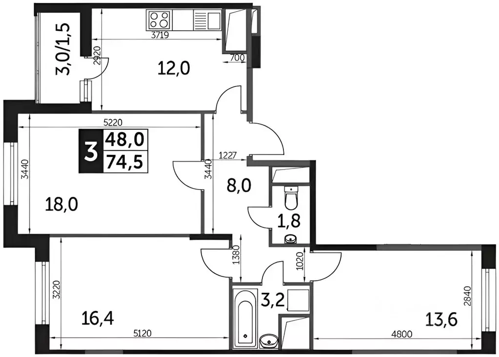 3-к кв. Московская область, Одинцово ул. Сколковская, 9А (76.7 м) - Фото 2