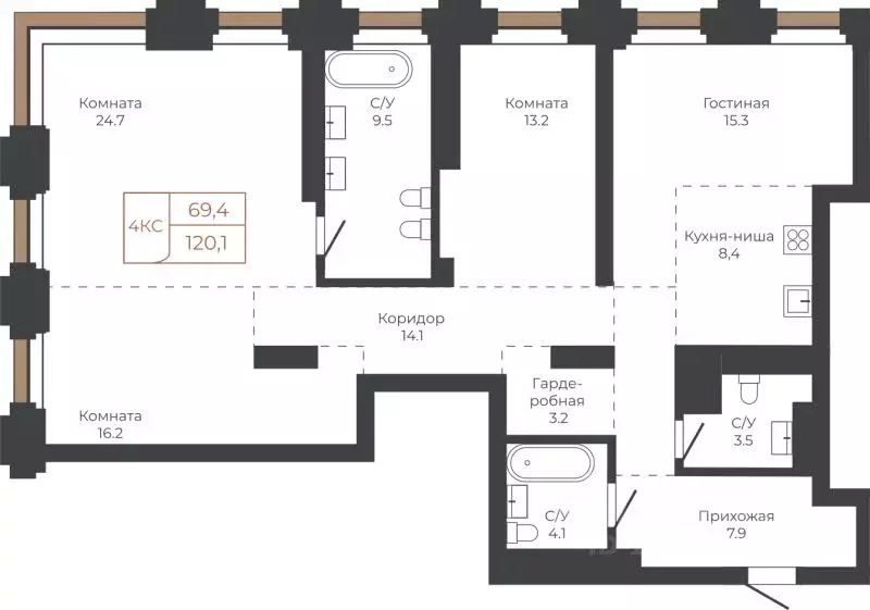 4-к кв. Алтайский край, Барнаул пл. Баварина, 8к2 (120.2 м) - Фото 1