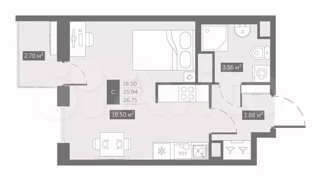 Квартира-студия, 26,8 м, 3/10 эт. - Фото 0