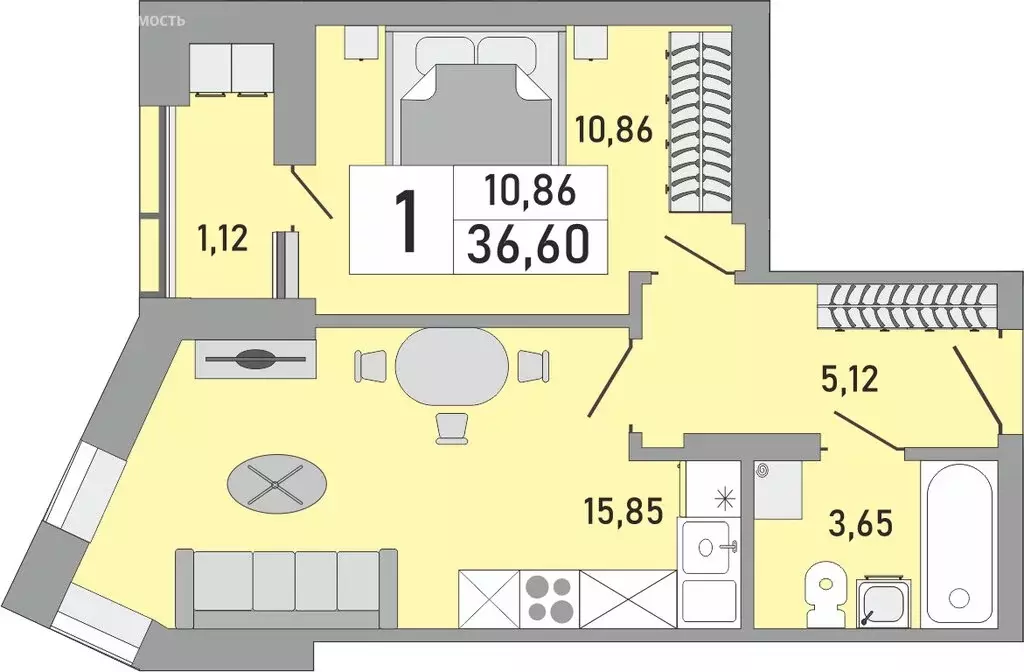 1-комнатная квартира: Уфа, Бакалинская улица, 9/1 (36.6 м) - Фото 1
