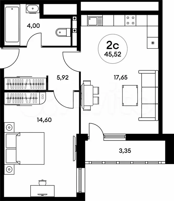 2-к. квартира, 45,5 м, 24/25 эт. - Фото 0
