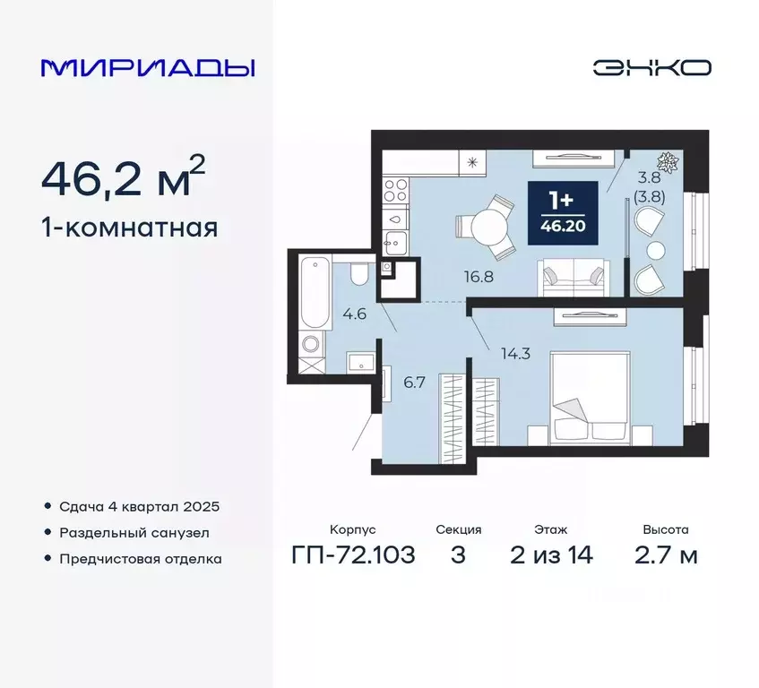 1-к кв. Тюменская область, Тюмень Мириады жилой комплекс (46.2 м) - Фото 0