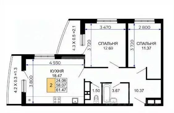 2-к кв. Краснодарский край, Краснодар Имени Петра Метальникова мкр, ... - Фото 2