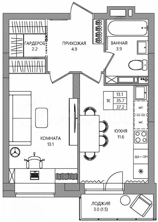 1-к. квартира, 37,2 м, 5/9 эт. - Фото 0