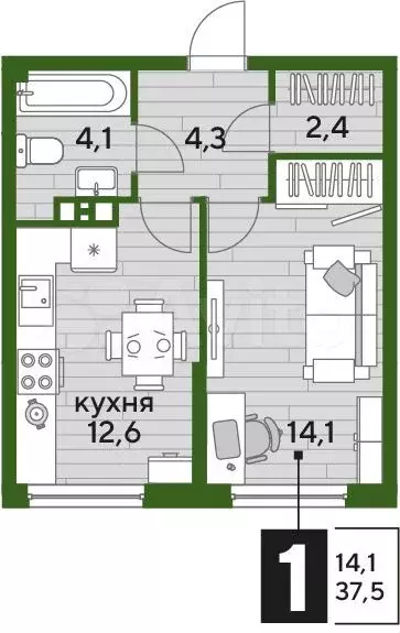 1-к. квартира, 37,5 м, 5/16 эт. - Фото 1