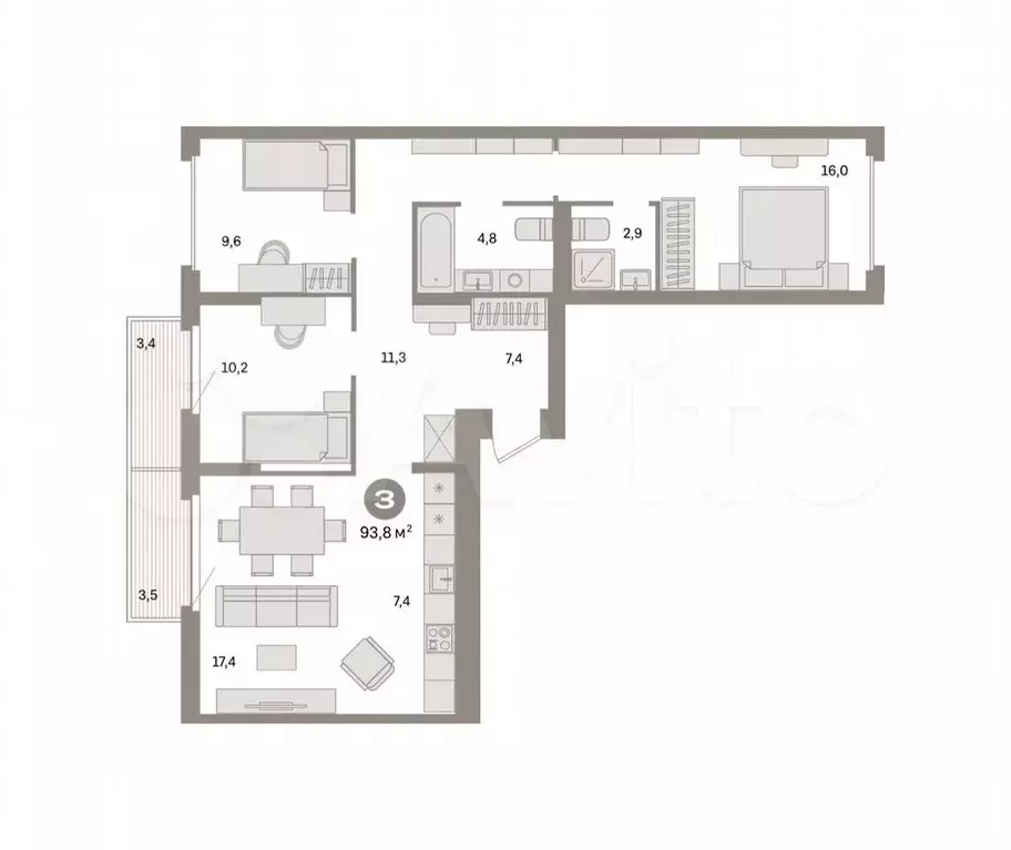 3-к. квартира, 93,7 м, 4/9 эт. - Фото 0