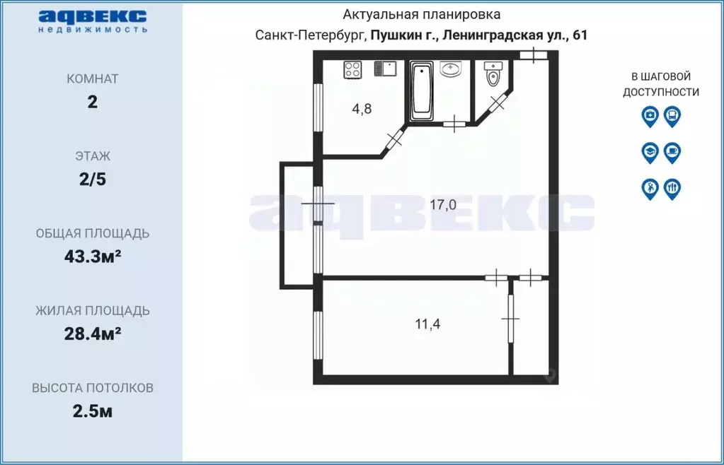 2-к кв. Санкт-Петербург, Санкт-Петербург, Пушкин Ленинградская ул., 61 ... - Фото 2