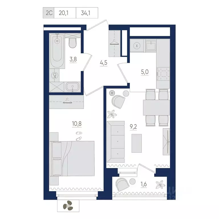 2-к кв. Башкортостан, Уфа Дема жилрайон, Экогород Яркий мкр,  (34.1 м) - Фото 1