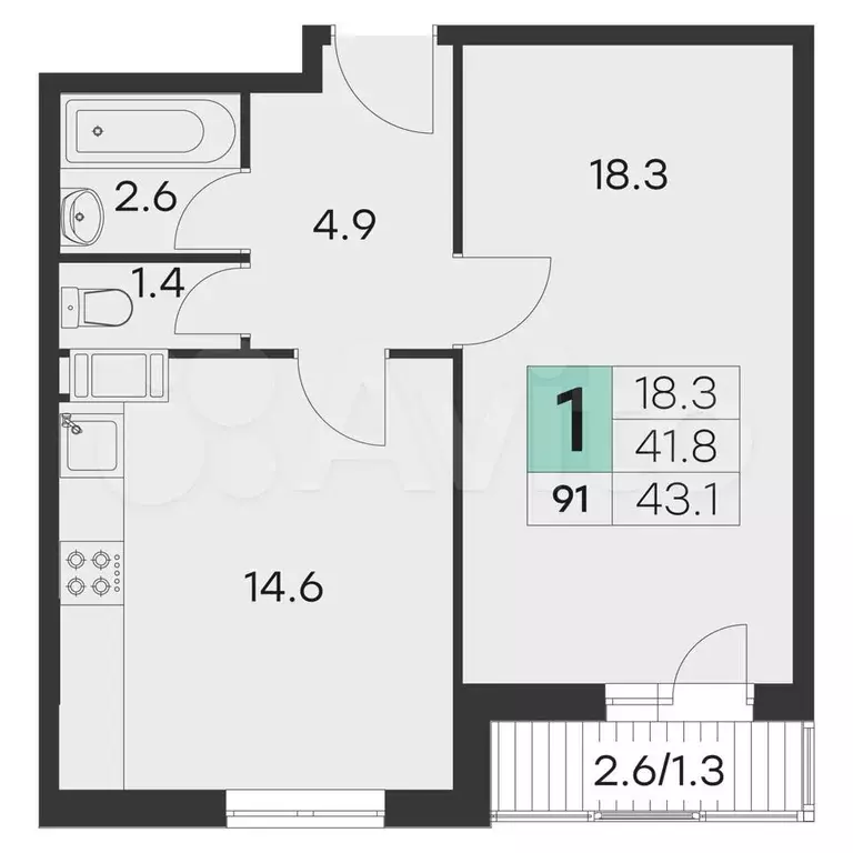 1-к. квартира, 43,1 м, 8/9 эт. - Фото 0