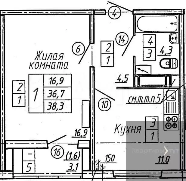 1-к. квартира, 38,3м, 16/17эт. - Фото 0