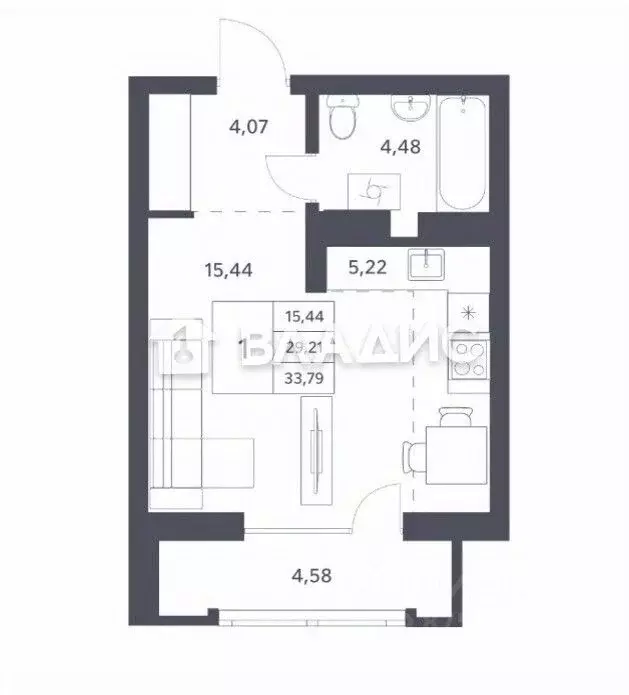 Студия Новосибирская область, Новосибирск ул. Тюленина, 3 (33.79 м) - Фото 1