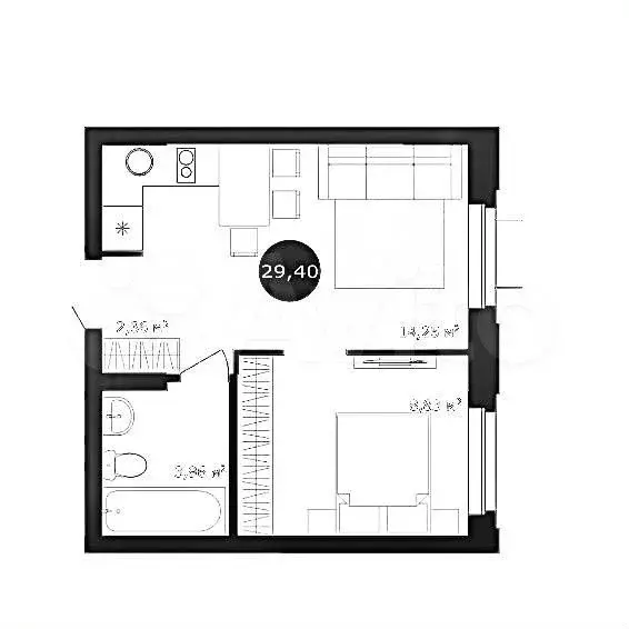 1-к. квартира, 29,4 м, 3/9 эт. - Фото 0