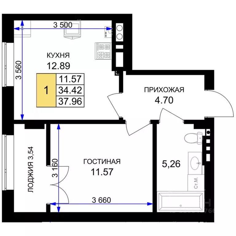 1-к кв. Калининградская область, Гурьевск Включи жилой комплекс (37.96 ... - Фото 0