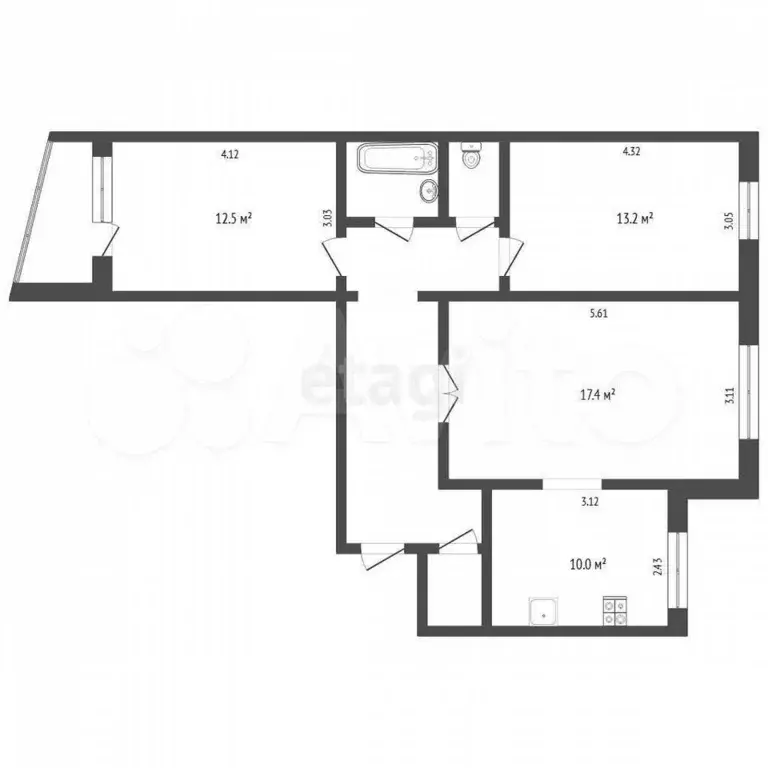 3-к. квартира, 66,1 м, 9/9 эт. - Фото 0
