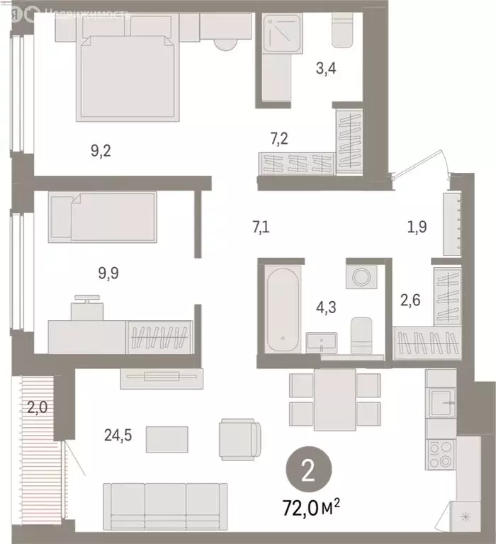 2-комнатная квартира: Новосибирск, улица Аэропорт (71.99 м) - Фото 1