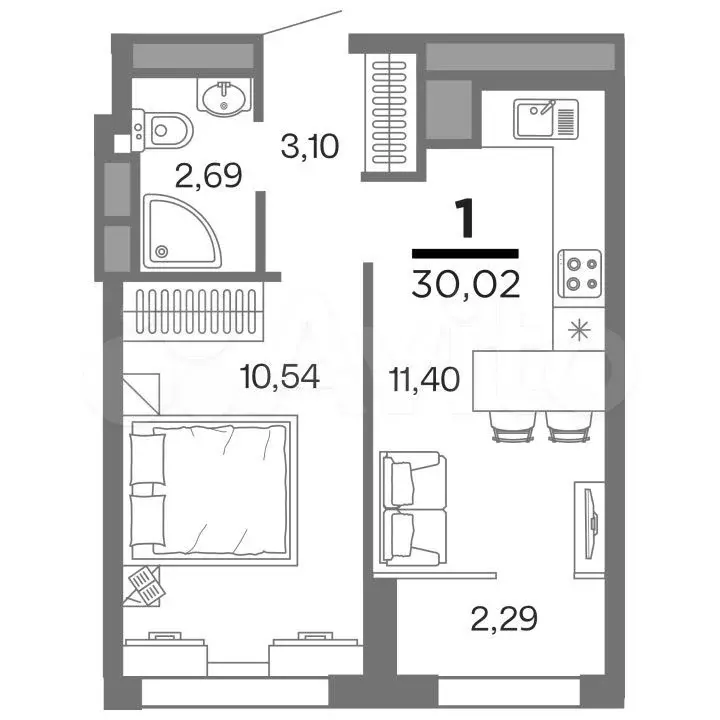 1-к. квартира, 30 м, 4/16 эт. - Фото 0